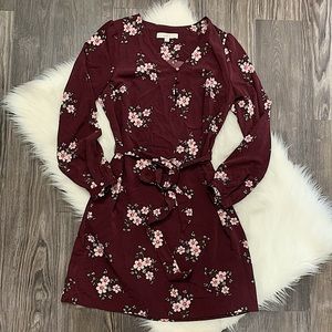Burgundy LOFT Floral Tie Waist Long Sleeve Dress